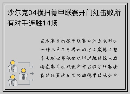 沙尔克04横扫德甲联赛开门红击败所有对手连胜14场